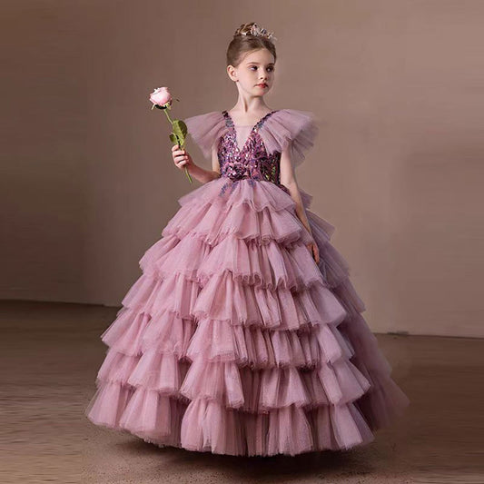 V-Neck Sequined Tiered Tulle Flower Girl Dress Princess D303
