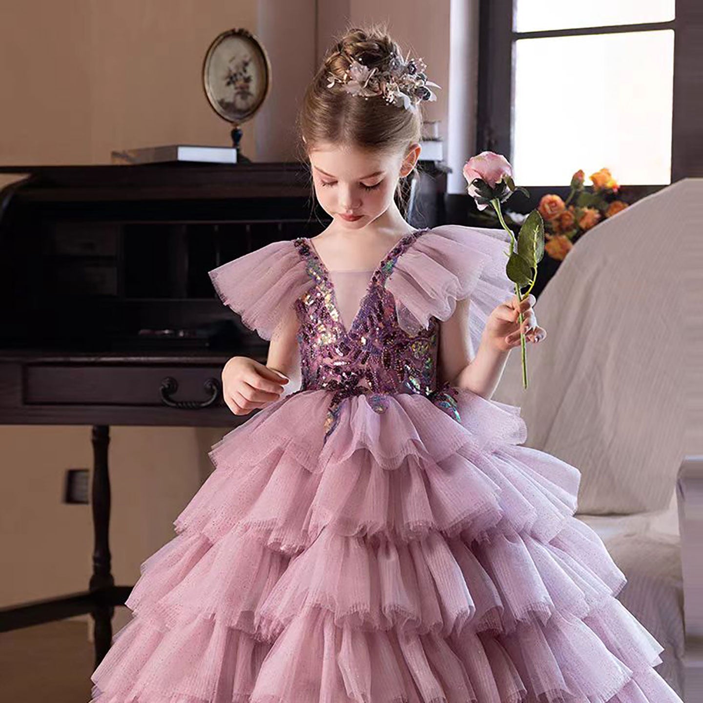 V-Neck Sequined Tiered Tulle Flower Girl Dress Princess D303