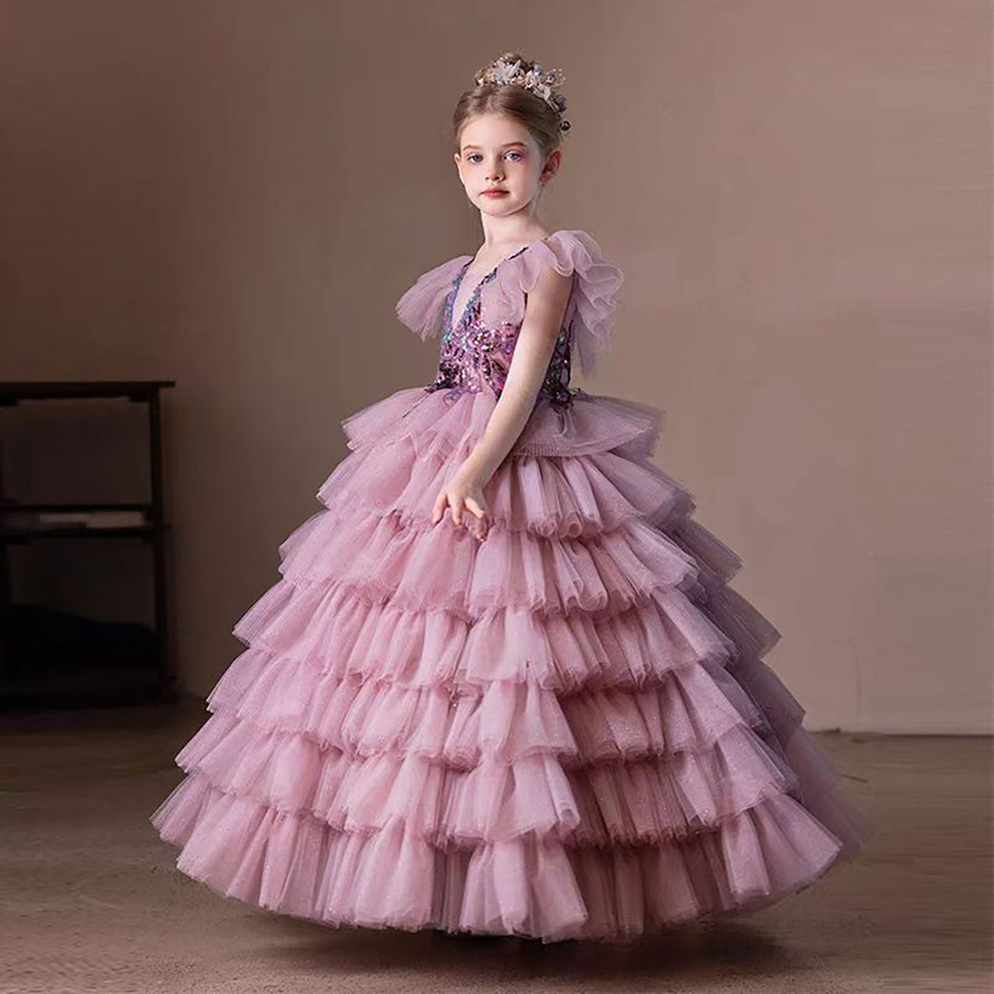 V-Neck Sequined Tiered Tulle Flower Girl Dress Princess D303
