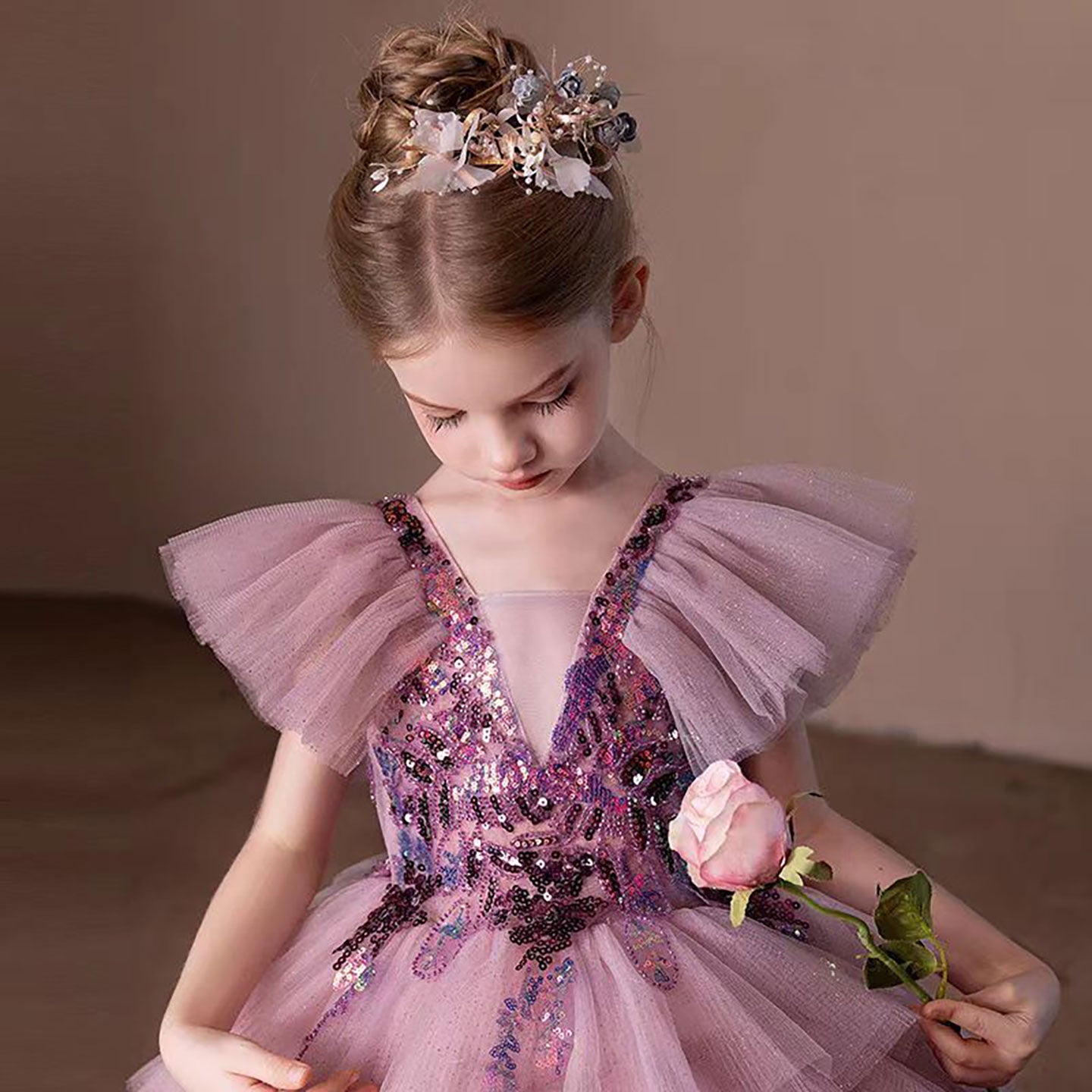 V-Neck Sequined Tiered Tulle Flower Girl Dress Princess D303