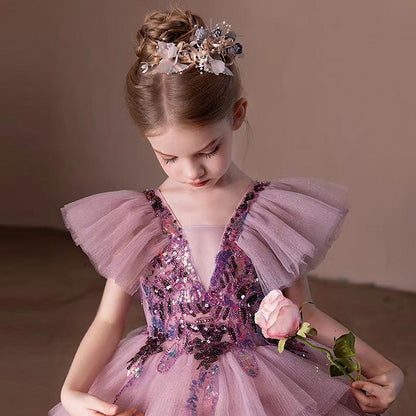 V-Neck Sequined Tiered Tulle Flower Girl Dress Princess D303