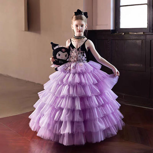 V-Neck Sling Sleeveless Tiered Flower Girl Dress D304