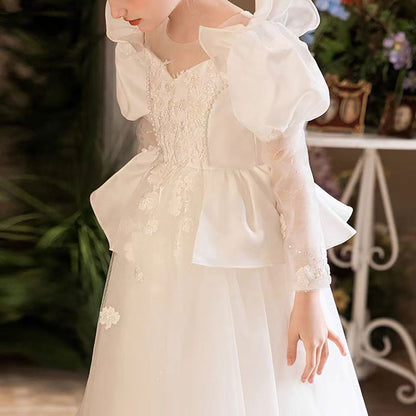 Princess Pearl Tulle Flower Girl Dress with Embroidery D313