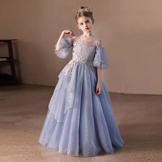 Tulle Blue Flower Girl Dress with Sparkling Silver Beads D306