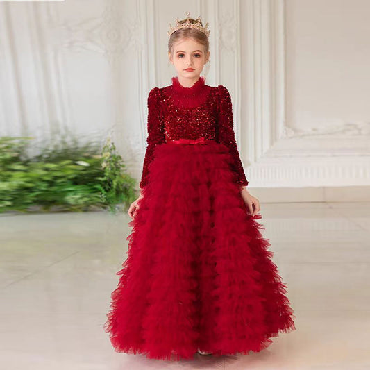 Luxury Red Flower Girl Dress with Sequin Top D307
