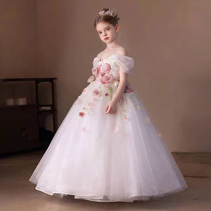 Romantic White Flower Girl Dress with 3D Floral Appliqués D309