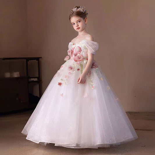 Romantic White Flower Girl Dress with 3D Floral Appliqués D309