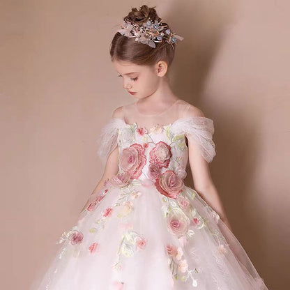 Romantic White Flower Girl Dress with 3D Floral Appliqués D309