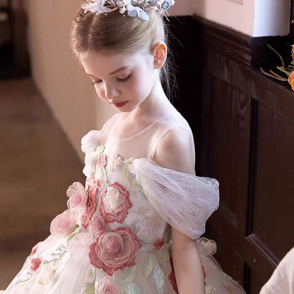 Romantic White Flower Girl Dress with 3D Floral Appliqués D309