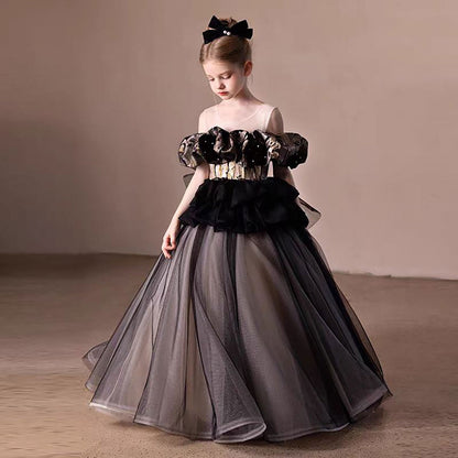 Black and Gold Flower Girl Dress with Beading Ruffles D305