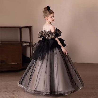 Black and Gold Flower Girl Dress with Beading Ruffles D305
