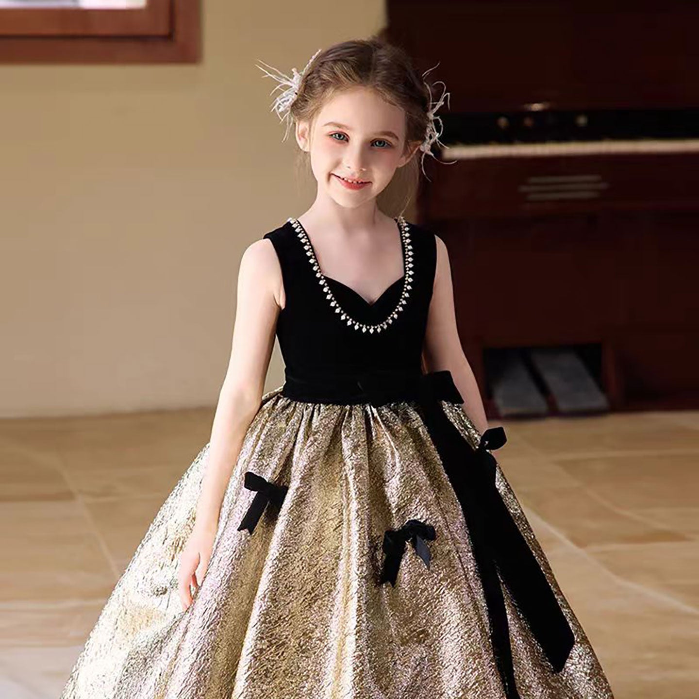 Luxury Gold Flower Girl Dress With Black Bow Princess D319
