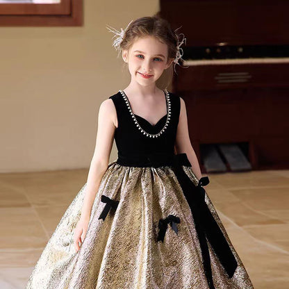 Luxury Gold Flower Girl Dress With Black Bow Princess D319