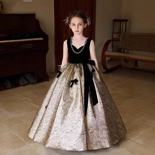 Luxury Gold Flower Girl Dress With Black Bow Princess D319