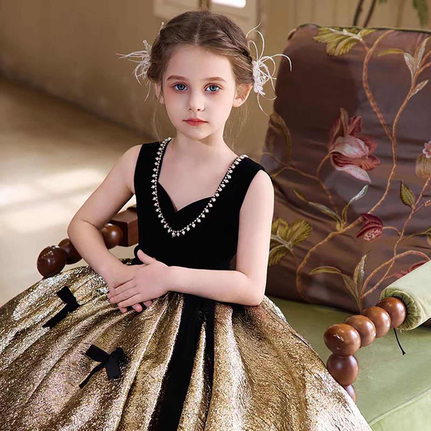 Luxury Gold Flower Girl Dress With Black Bow Princess D319