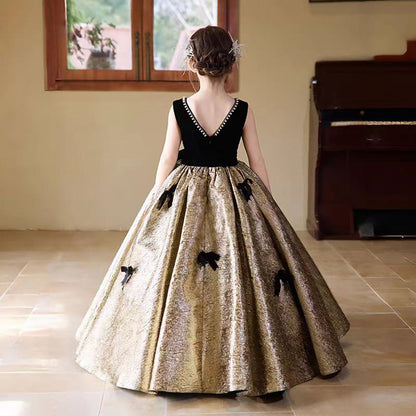 Luxury Gold Flower Girl Dress With Black Bow Princess D319