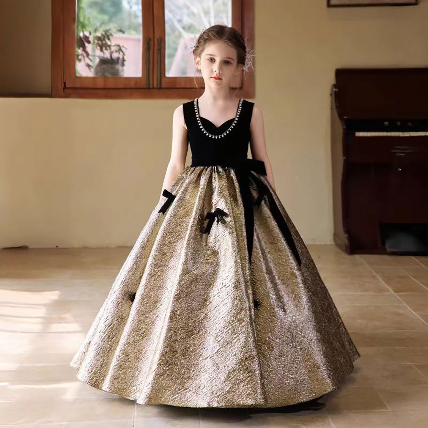 Luxury Gold Flower Girl Dress With Black Bow Princess D319