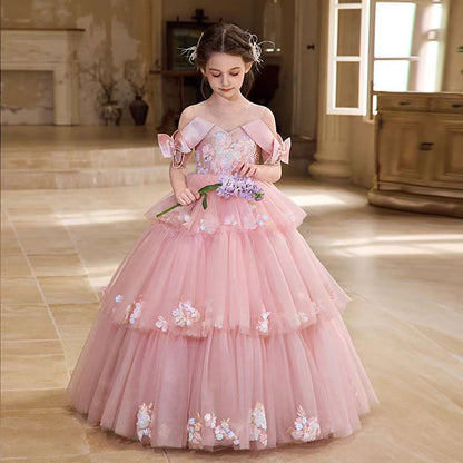 Off-Shoulder Applique Tiered Tulle Flower Girl Dress D322
