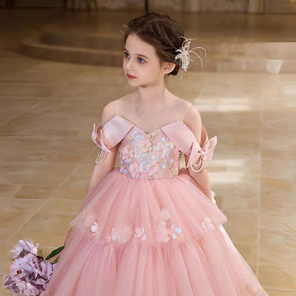 Off-Shoulder Applique Tiered Tulle Flower Girl Dress D322