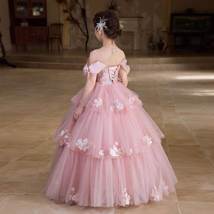 Off-Shoulder Applique Tiered Tulle Flower Girl Dress D322