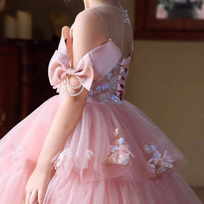 Off-Shoulder Applique Tiered Tulle Flower Girl Dress D322