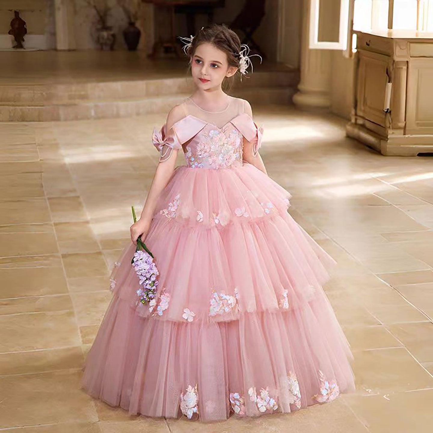 Off-Shoulder Applique Tiered Tulle Flower Girl Dress D322