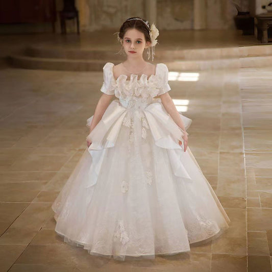 Luxury White Flower Girl Dress With Flowers Silver Beads D318