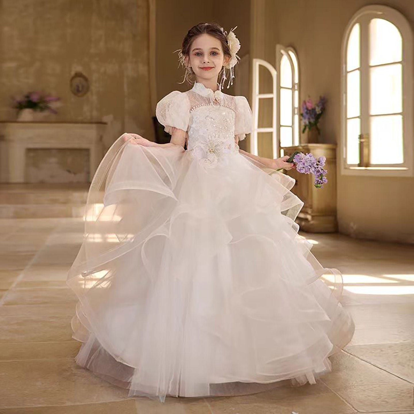 Layered White Flower Girl Dress with 3D Floral Appliqués D315