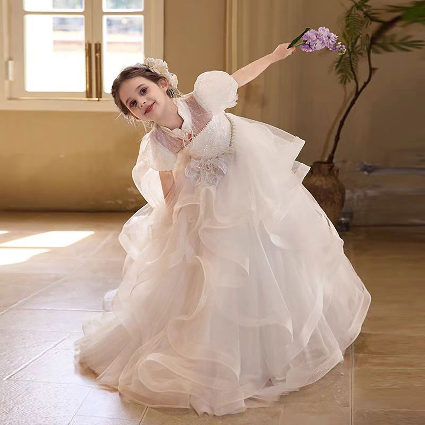Layered White Flower Girl Dress with 3D Floral Appliqués D315