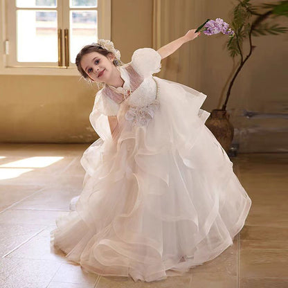 Layered White Flower Girl Dress with 3D Floral Appliqués D315