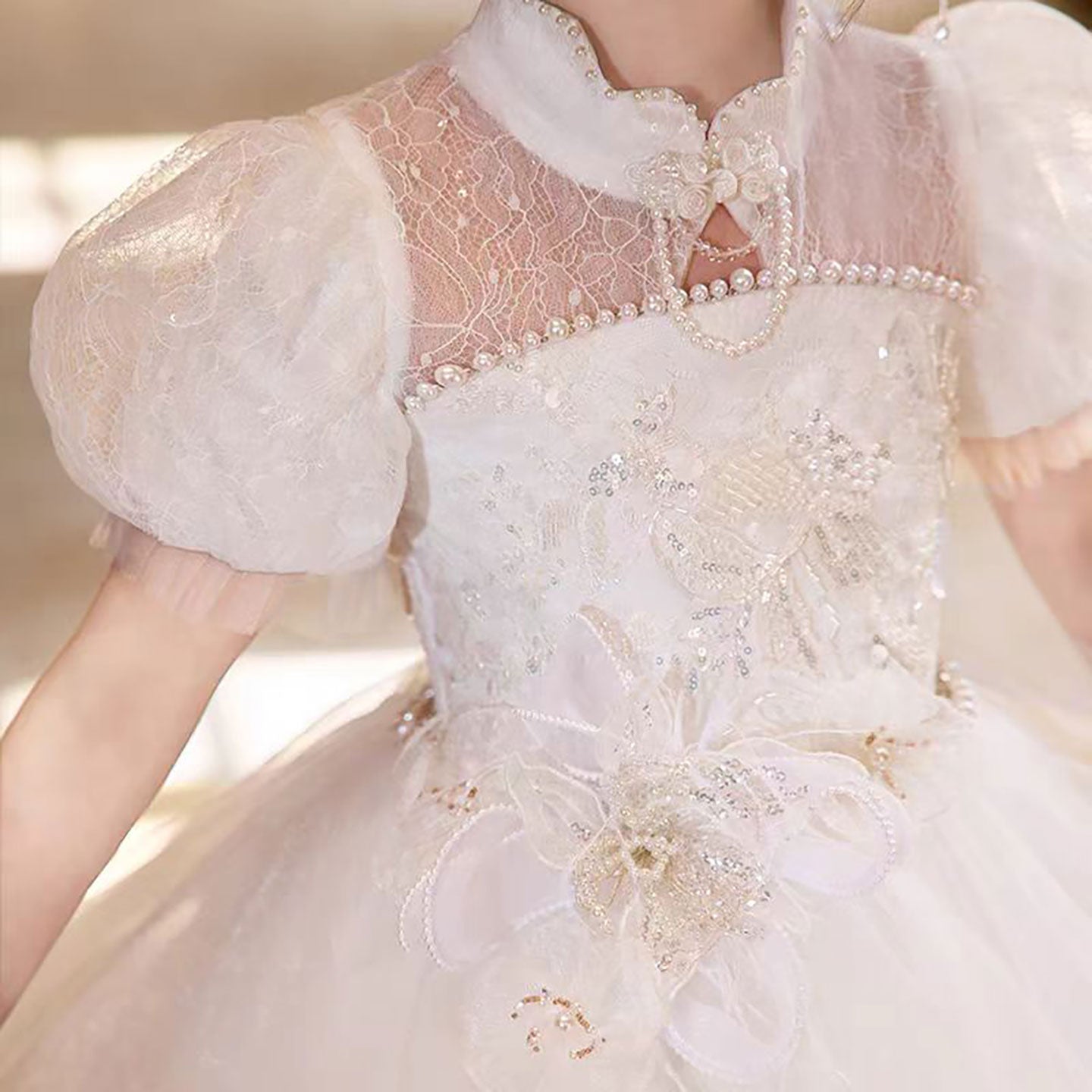 Layered White Flower Girl Dress with 3D Floral Appliqués D315