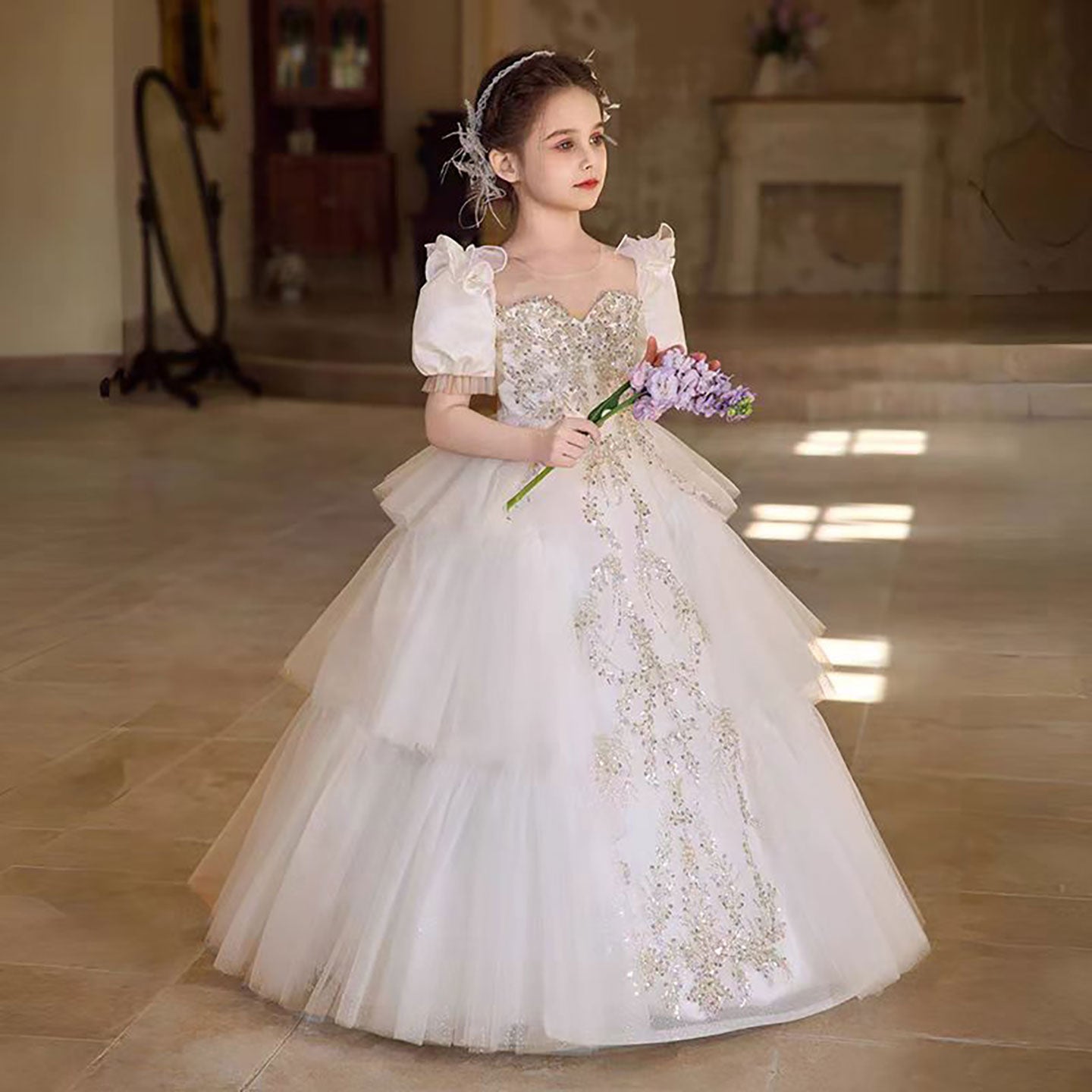 Elegant White Flower Girl Dress with Exquisite beadwork D314