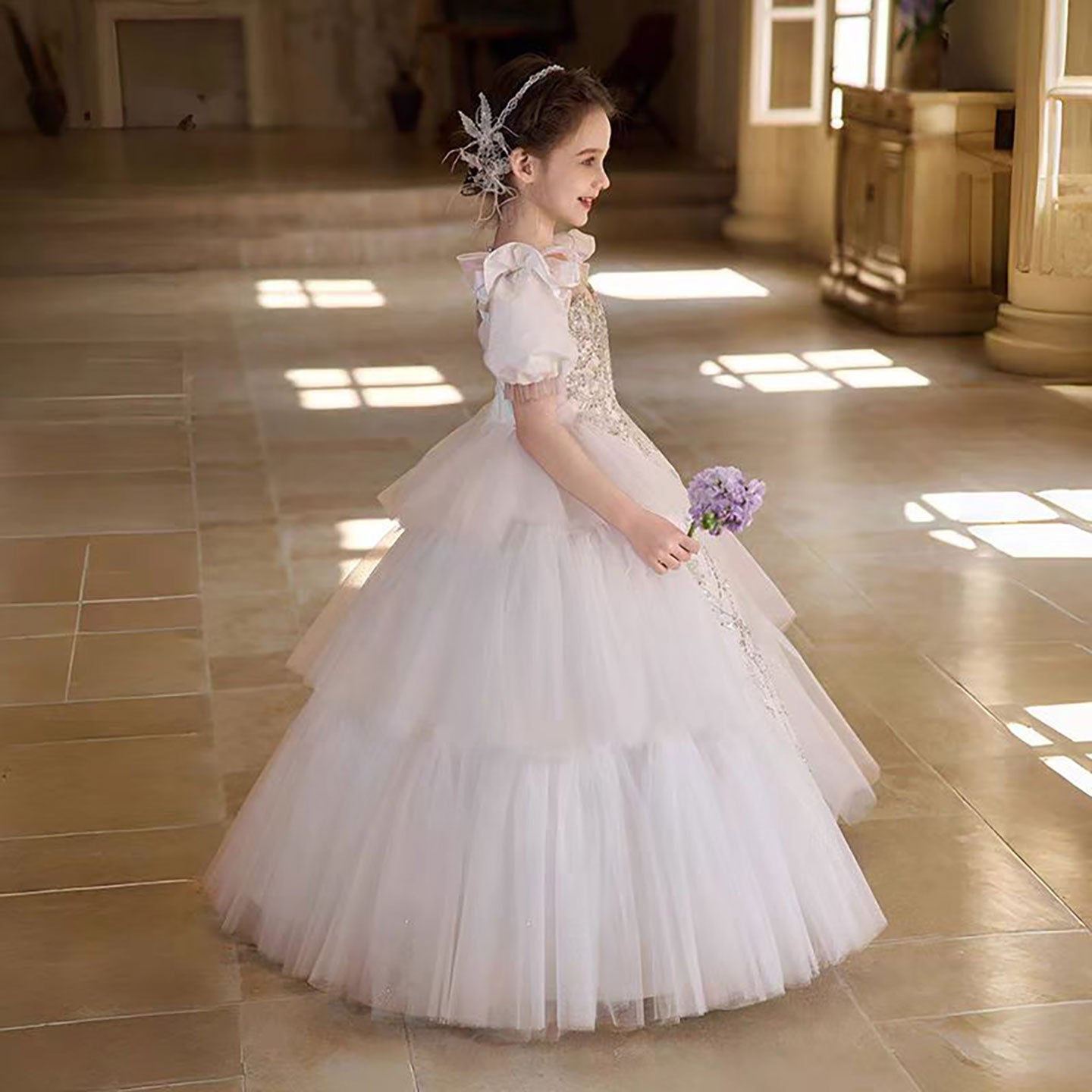 Elegant White Flower Girl Dress with Exquisite beadwork D314