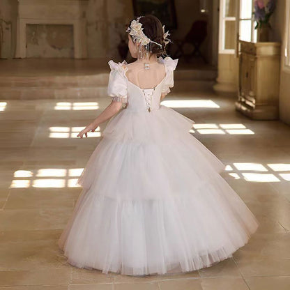 Elegant White Flower Girl Dress with Exquisite beadwork D314