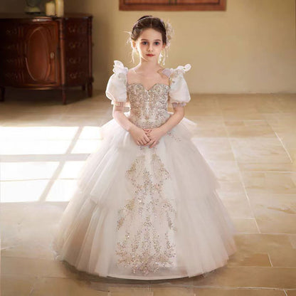 Elegant White Flower Girl Dress with Exquisite beadwork D314