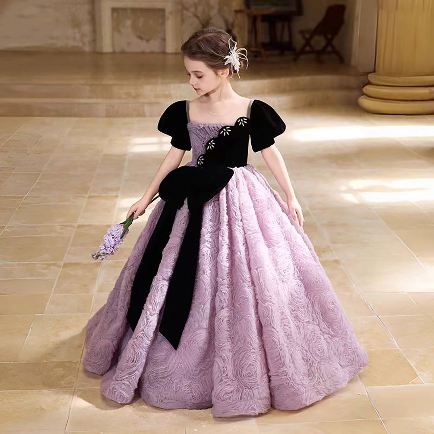 Luxury Purple Flower Girl Dress Features Rose Texture D325