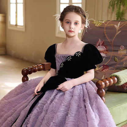 Luxury Purple Flower Girl Dress Features Rose Texture D325