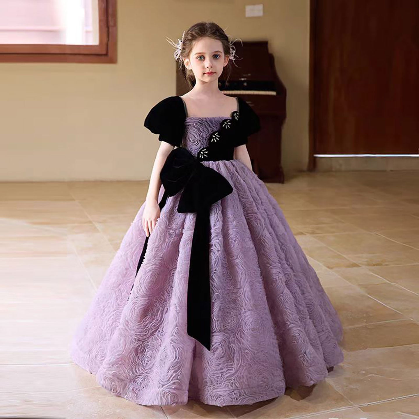 Luxury Purple Flower Girl Dress Features Rose Texture D325
