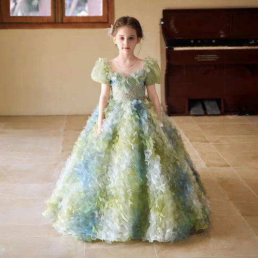 Luxury Sage Green Lace Beading Flower Girl Dress D323