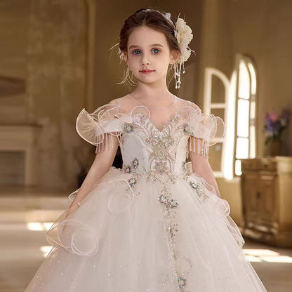Enchanting White Flower Girl Dress with 3D Floral Embroidery D311