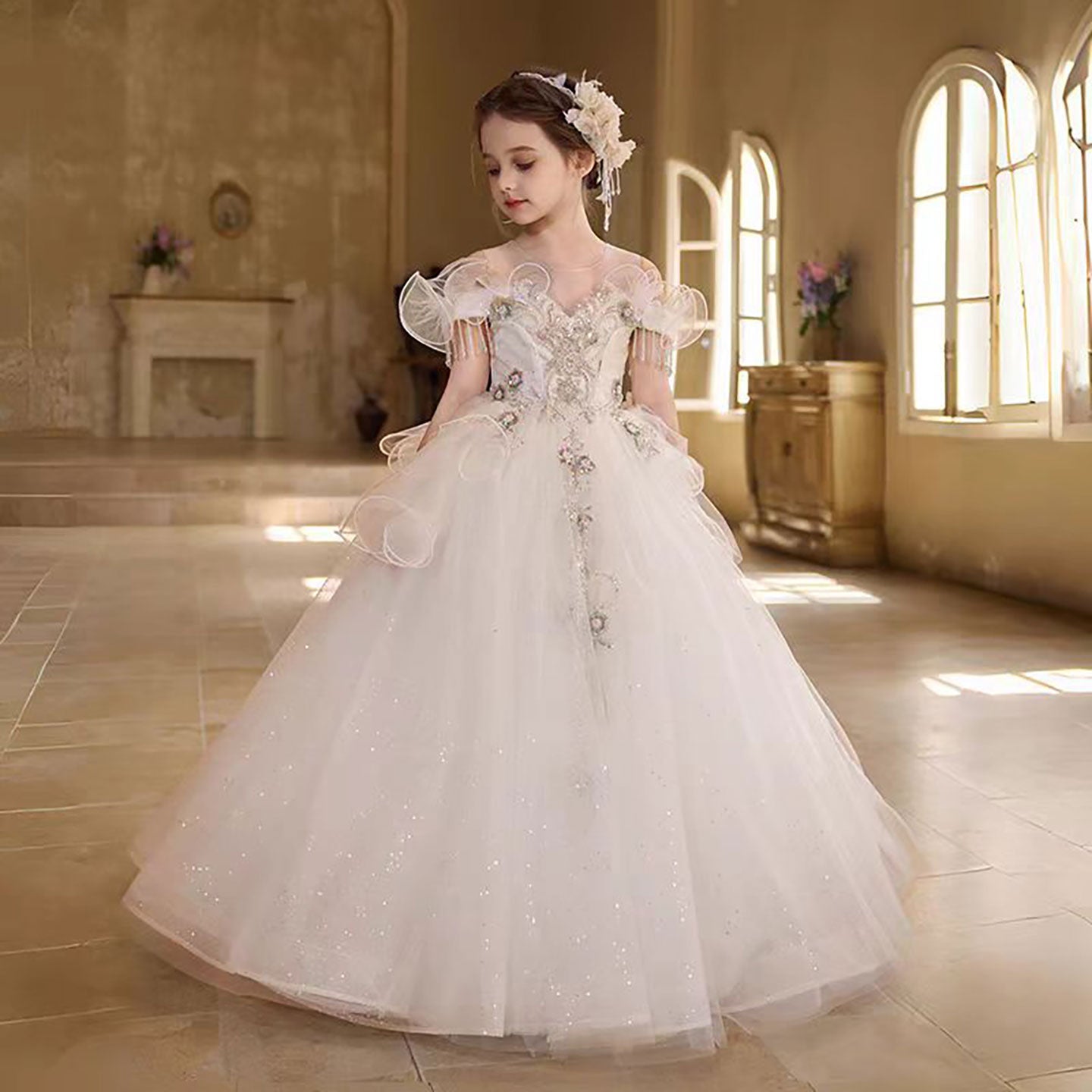 Enchanting White Flower Girl Dress with 3D Floral Embroidery D311