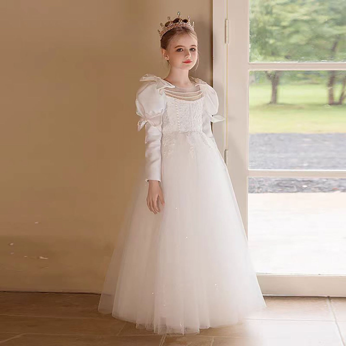 Bow Embroidered Tulle Flower Girl Dress Princess D310