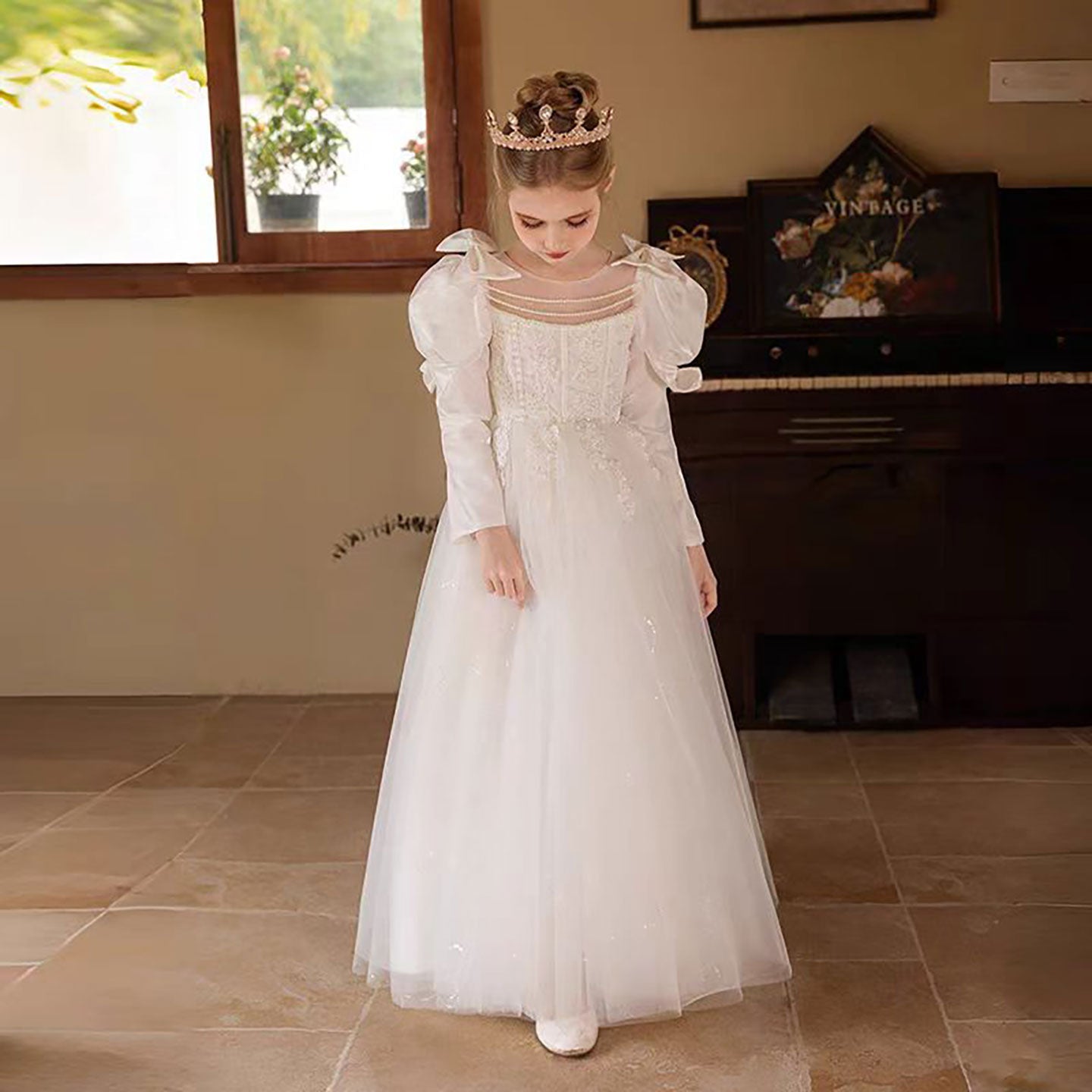 Bow Embroidered Tulle Flower Girl Dress Princess D310