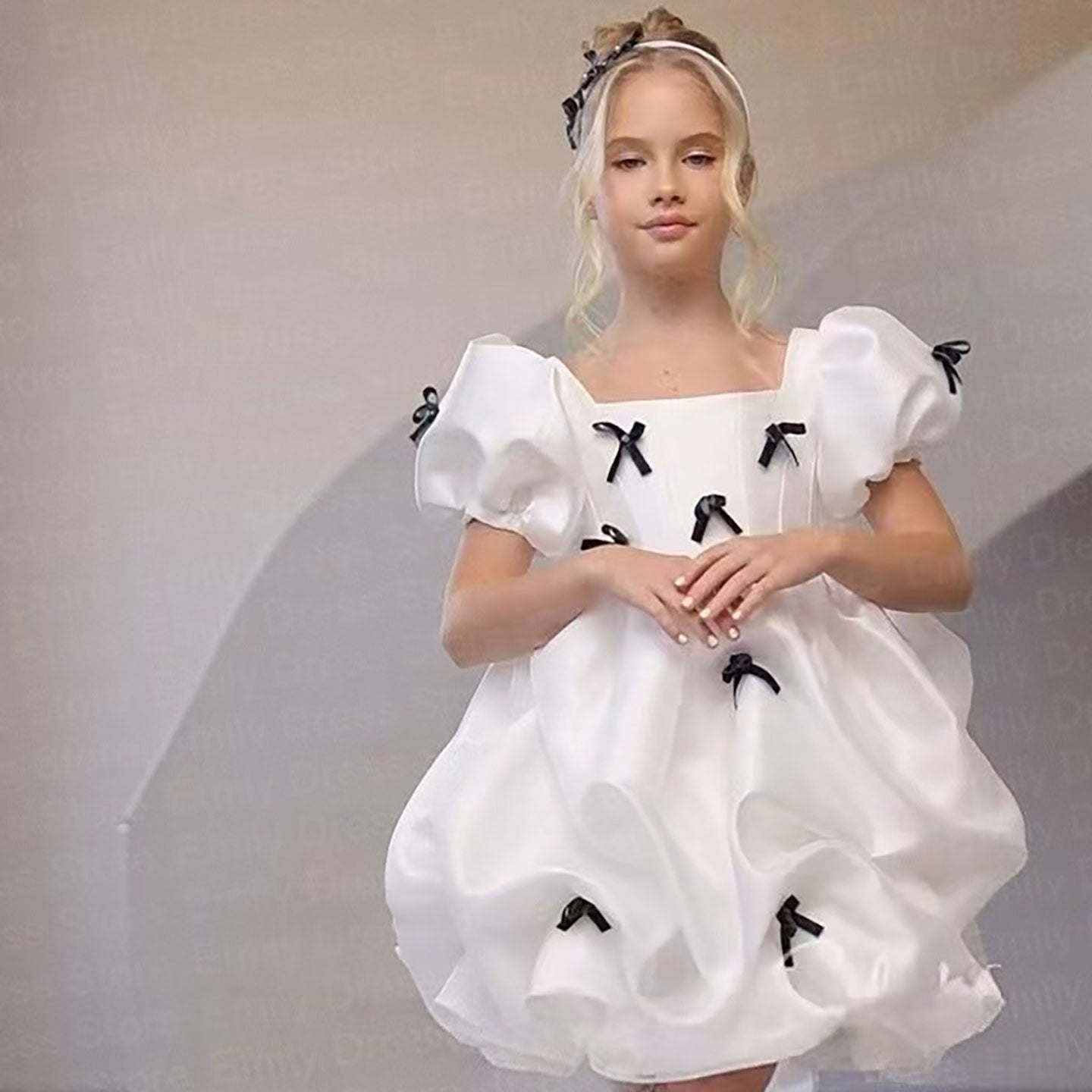 Flower Girl Dress with Satin Bows Matching Accessories D100