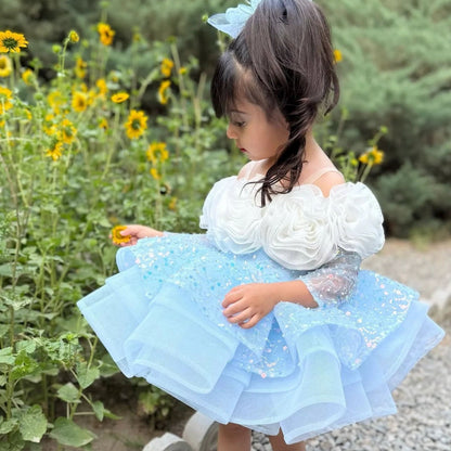 Flower Girl Dress with 3D Floral Accents Sparkling Sequins D099