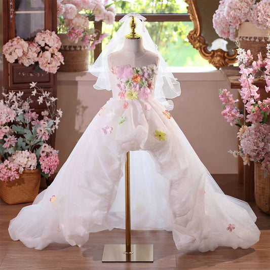 White Flower Girl Dress Birthday Dress Long Train Applique Lace J573