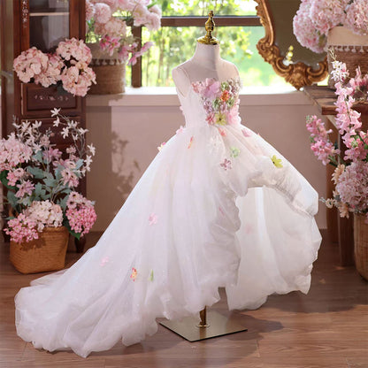 White Flower Girl Dress Birthday Dress Long Train Applique Lace J573