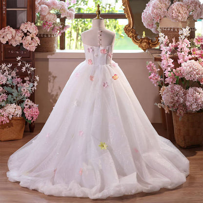 White Flower Girl Dress Birthday Dress Long Train Applique Lace J573