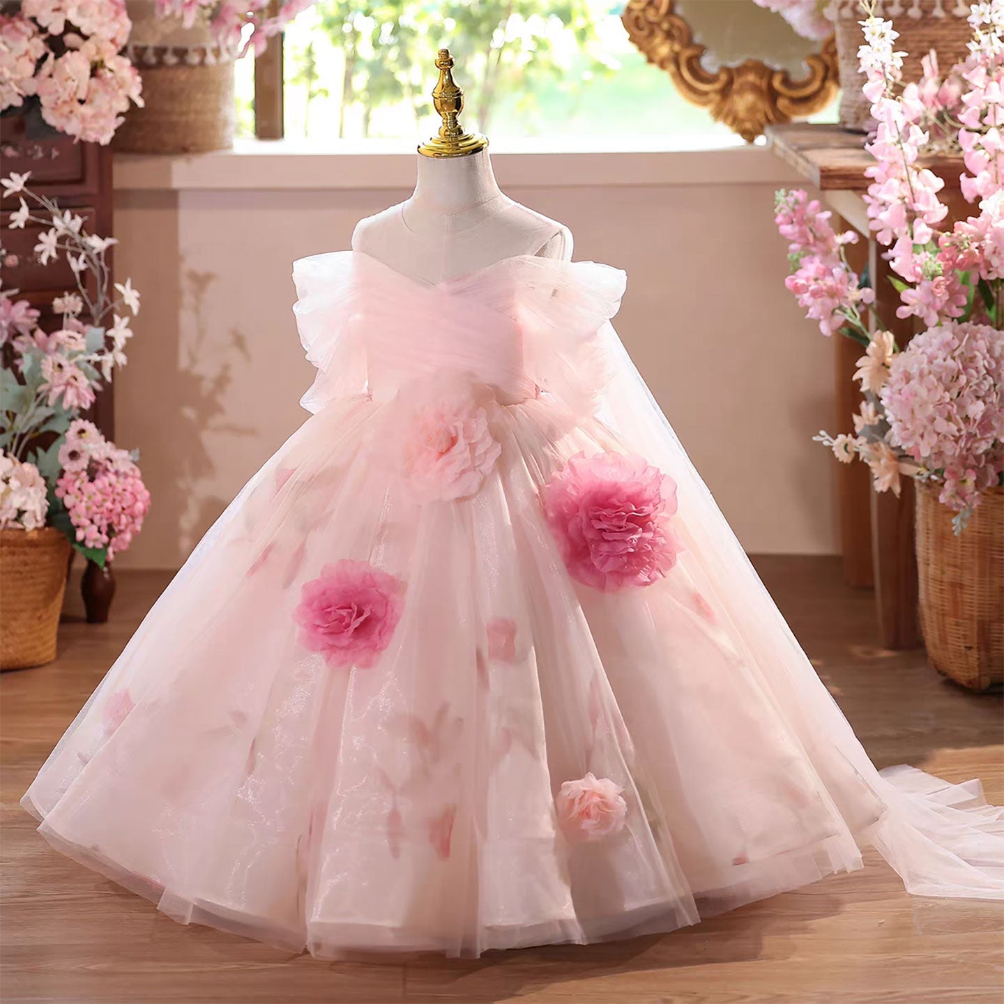 Pink Flower Girl Dress Ball Gowns Party Princess Floor Length J574