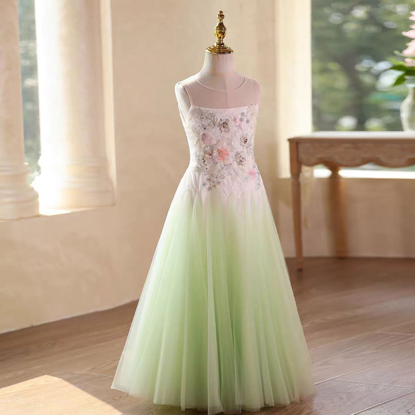 Green Flower Girl Dress with 3D Floral Appliqués Wedding Birthday J579